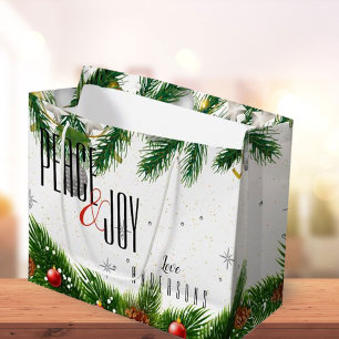 Elegant Peace & Joy Red Berries Name Christmas Large Gift Bag