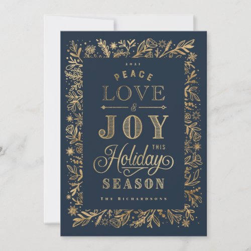 Elegant Peace Love Joy Gold Foliage  Snowflakes Holiday Card