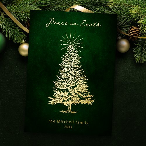 Elegant Peace on Earth Gold Christmas Tree Foil Holiday Card