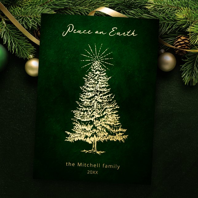 Elegant Peace on Earth Gold Christmas Tree Foil Holiday Card (Creator Uploaded)