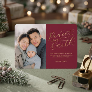 Elegant Peace on Earth Photo Foil - Red Holiday Card