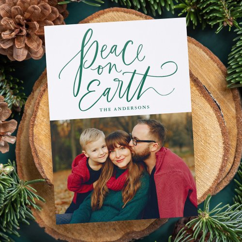 Elegant Peace on Earth Script Christmas Letterpress Photo Cards