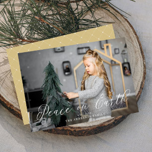 Elegant Peace on Earth Script Gold Photo Holiday Card