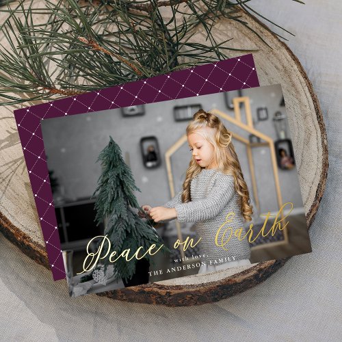 Elegant Peace on Earth Script Purple Photo Foil Holiday Card