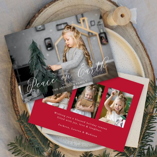 Elegant Peace on Earth Script Red 4 Photo Holiday Card