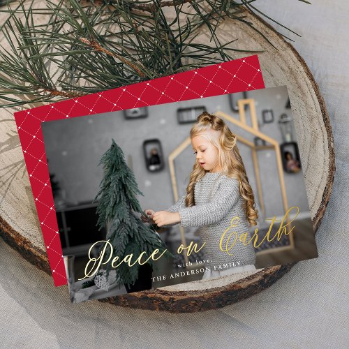 Elegant Peace on Earth Script Red Photo Foil Holiday Card