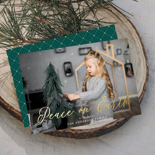 Elegant Peace on Earth Script Spruce Green Photo Foil Holiday Card