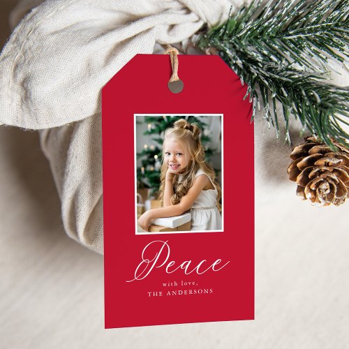 Elegant Peace  Red Holiday Photo Gift Tags