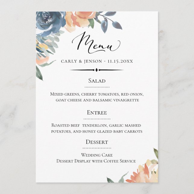 Elegant Peach and Blue Botanical Wedding Menu (Front)