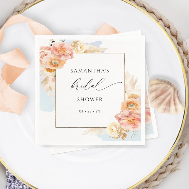 Elegant Peach and Blue Floral Bridal Shower Napkins (Creator Uploaded)