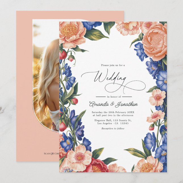 Elegant Peach and Blue Floral Wedding QR Code Invitation (Front/Back)