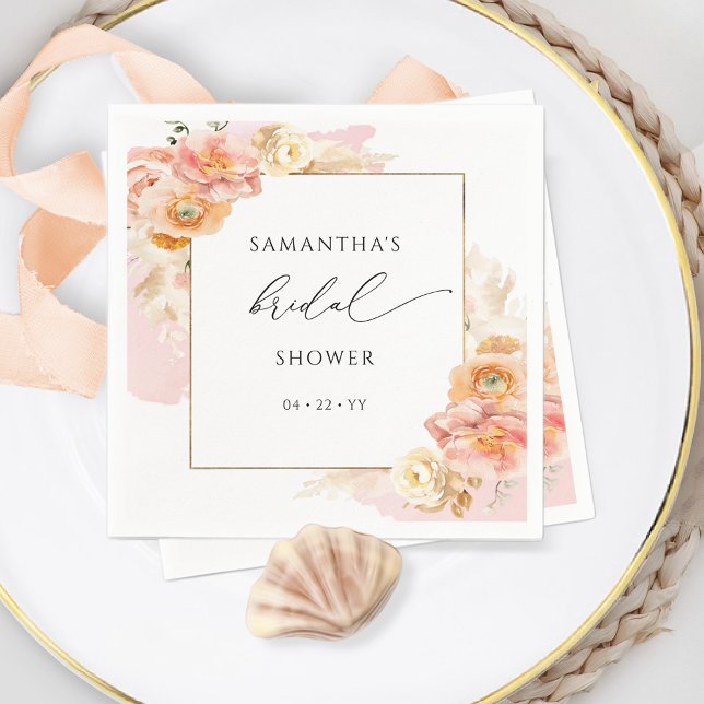 Elegant Peach and Blush Pink Floral Bridal Shower Napkins (Creator Uploaded)