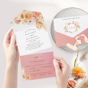 Elegant Peach and Coral Floral Wedding with RSVP A All In One Invitation