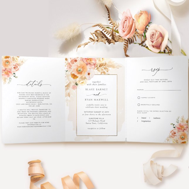 Elegant Peach and Cream All In One Wedding  Tri-Fold Card (Creator Uploaded)