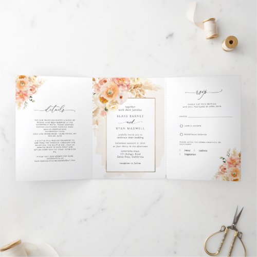 Elegant Peach and Cream All In One Wedding  Tri_Fold Card