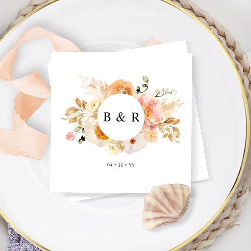 Elegant Peach and Cream Floral Monogram Wedding Napkins