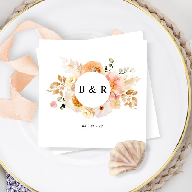 Elegant Peach and Cream Floral Monogram Wedding Napkins (Creator Uploaded)