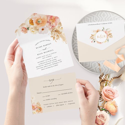 Elegant Peach and Cream Floral Wedding with RSVP A All In One Invitation