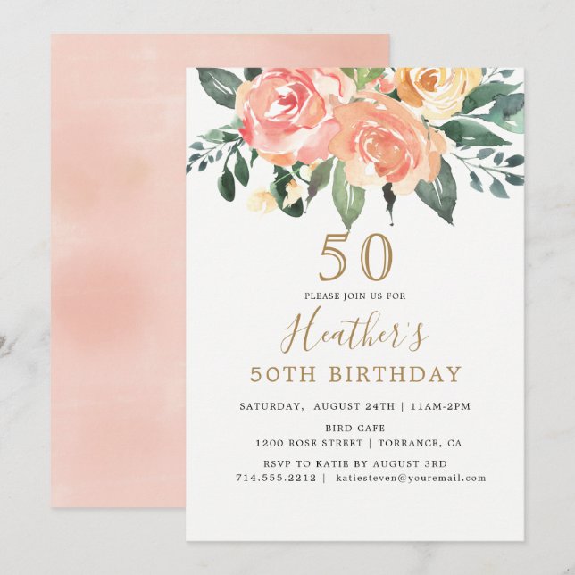 Elegant Peach and Gold Floral 50TH  Birthday Invitation (Front/Back)