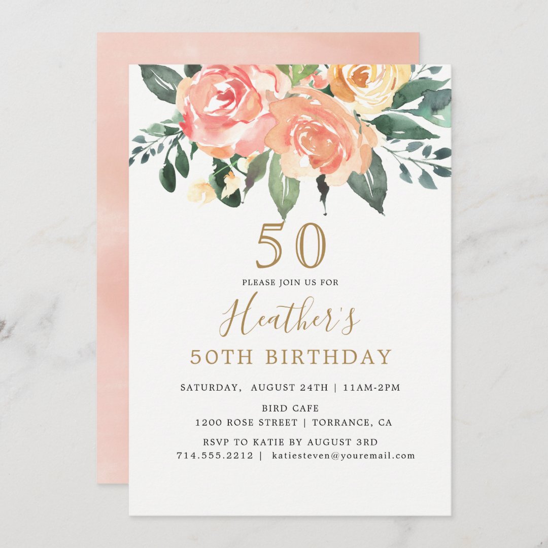 Elegant Peach and Gold Floral 50TH Birthday Invitation | Zazzle