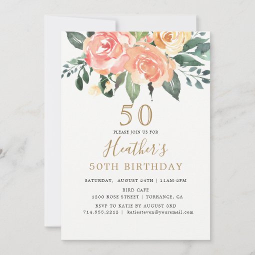 Elegant Peach and Gold Floral 50TH Birthday Invitation | Zazzle