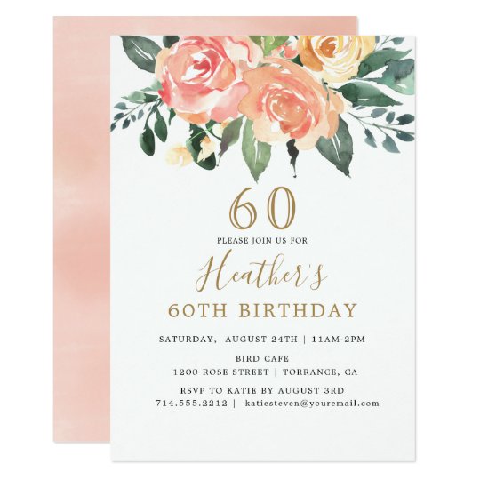 Elegant Peach and Gold Floral 60th Birthday Invitation | Zazzle.com