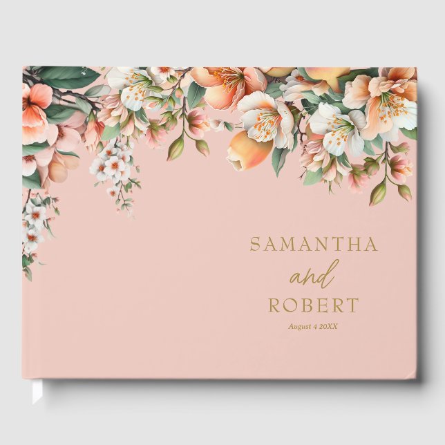 Elegant Peach and Gold Floral Wedding Guest Book (Front)