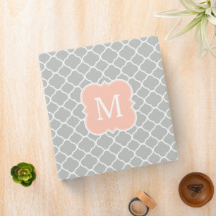 Elegant Peach and Gray Monogram Quatrefoil Pattern Binder