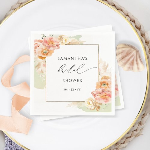 Elegant Peach and Green Floral Bridal Shower Napkins