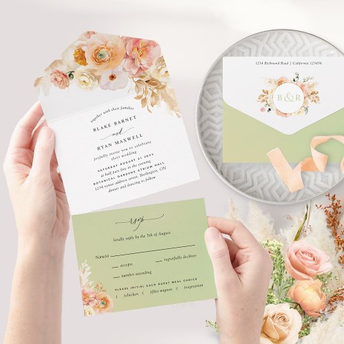 Elegant Peach and Green Floral Wedding with RSVP A All In One Invitation
