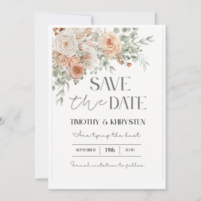 Elegant Peach and Green Save the Date Invitation (Front)
