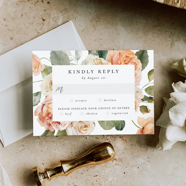 Elegant Peach and Ivory Rose Meal Choice Wedding RSVP Card (Creator Uploaded)