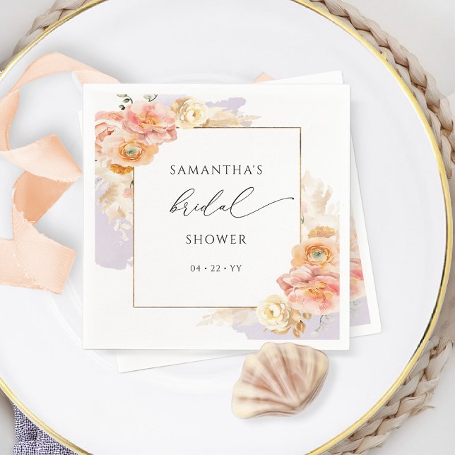 Elegant Peach and Purple Floral Bridal Shower Napkins (Creator Uploaded)