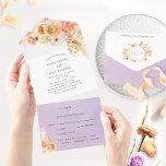 Elegant Peach and Purple Floral Wedding with RSVP  All In One Invitation<br><div class="desc">Elegant All- in- One tri- fold wedding invitation with perforated RSVP postcard. Design with delicate watercolor floral cascading down showcasing your wedding details in a beautiful blend of flowers peach, orange, dusty rose, blush, cream and champagne hues. RSVP in attractive watercolor wash background in purple lavender tones. Modern hand written...</div>