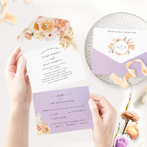 Elegant Peach and Purple Floral Wedding with RSVP  All In One Invitation