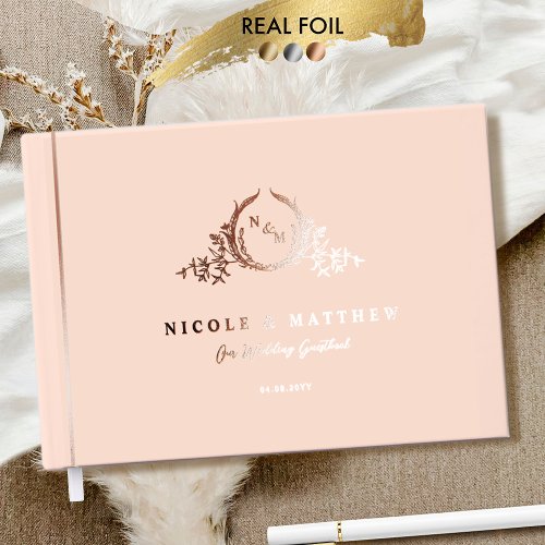 Elegant Peach and Real Foil Monogram Wedding Foil Guest Book