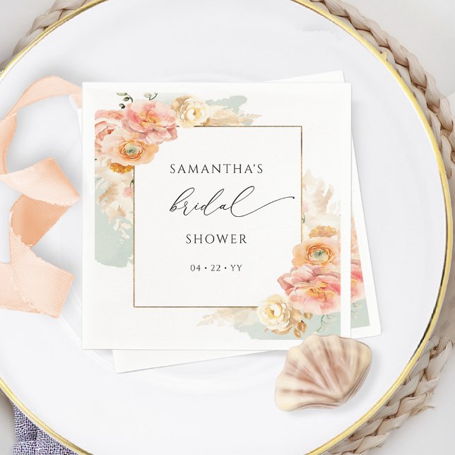 Elegant Peach and Sage Floral Bridal Shower Napkins (Creator Uploaded)