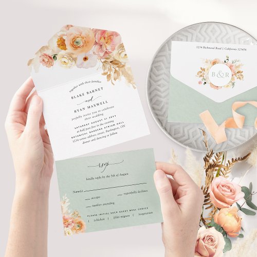 Elegant Peach and Sage Floral Wedding with RSVP Al All In One Invitation