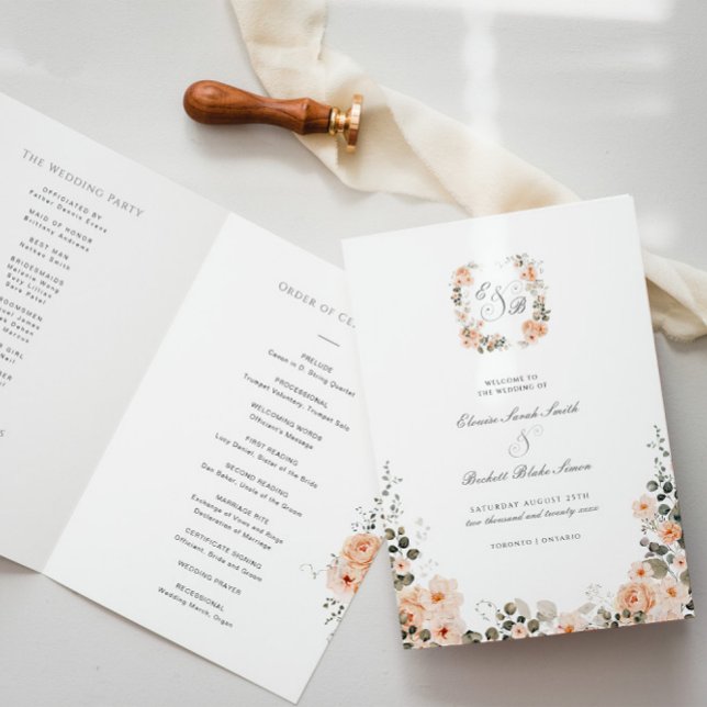 Elegant Peach and Sage Garden Wedding Folded Program (Creator Uploaded)