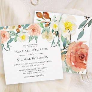 Elegant Peach and White Watercolor Floral Wedding Invitation