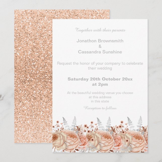 ELEGANT PEACH APRICOT FLORAL GLITTER WEDDING INVITATION (Front/Back)