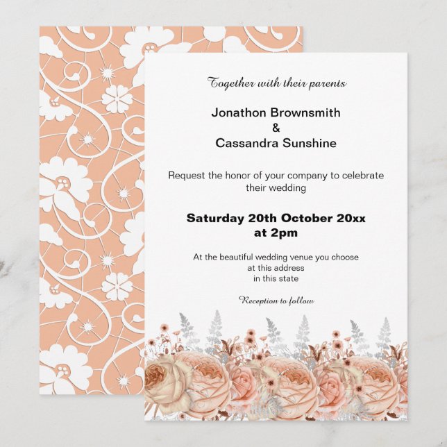 ELEGANT PEACH APRICOT LACE FLORAL DIAMOND WEDDING INVITATION (Front/Back)