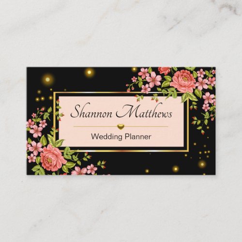 Elegant Peach  Black Floral Rose Wedding Planner Business Card