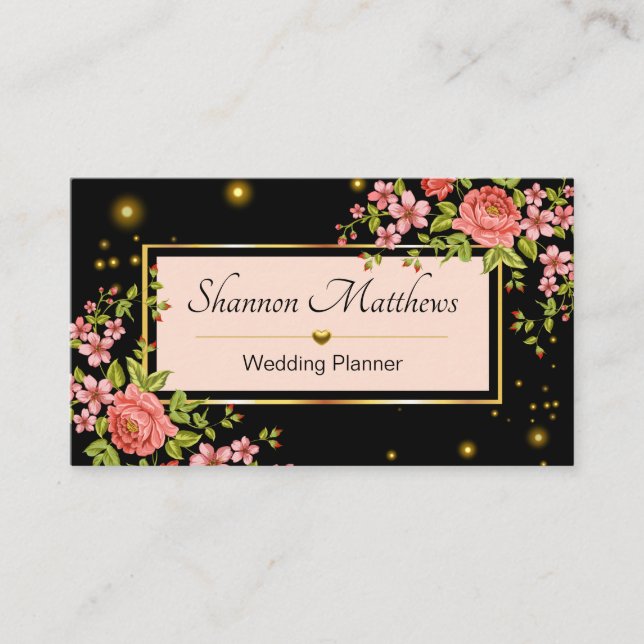 Elegant Peach & Black Floral Rose Wedding Planner Business Card (Front)