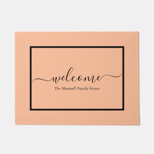 Elegant peach black script family name welcome  doormat