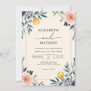 Elegant Peach Blue Botanical Floral Wedding Invitation