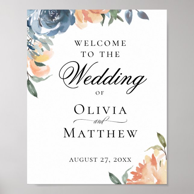 Elegant Peach Blue Botanical Wedding Welcome Poster (Front)