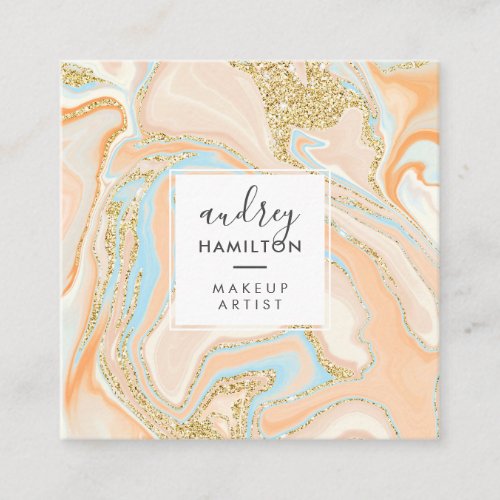 Elegant peach blue marble chic gold glitter makeup square business card