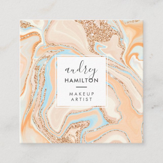 Elegant peach blue marble rose gold glitter makeup square business card (Front)
