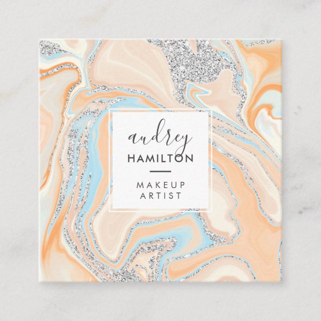Elegant peach blue marble silver glitter makeup square business card (Front)
